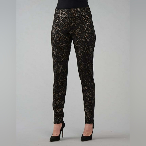 Carmen Marc Valvo Pants - Carmen Marc Valvo Black Gold Crinkle Pull On Pant Slim Size 10 Dress Pants
